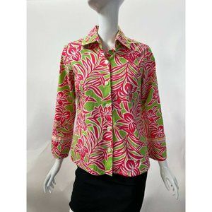 Izod Womens Button Front Shirt Green Pink Floral Long Sleeve Artsy Stretch S